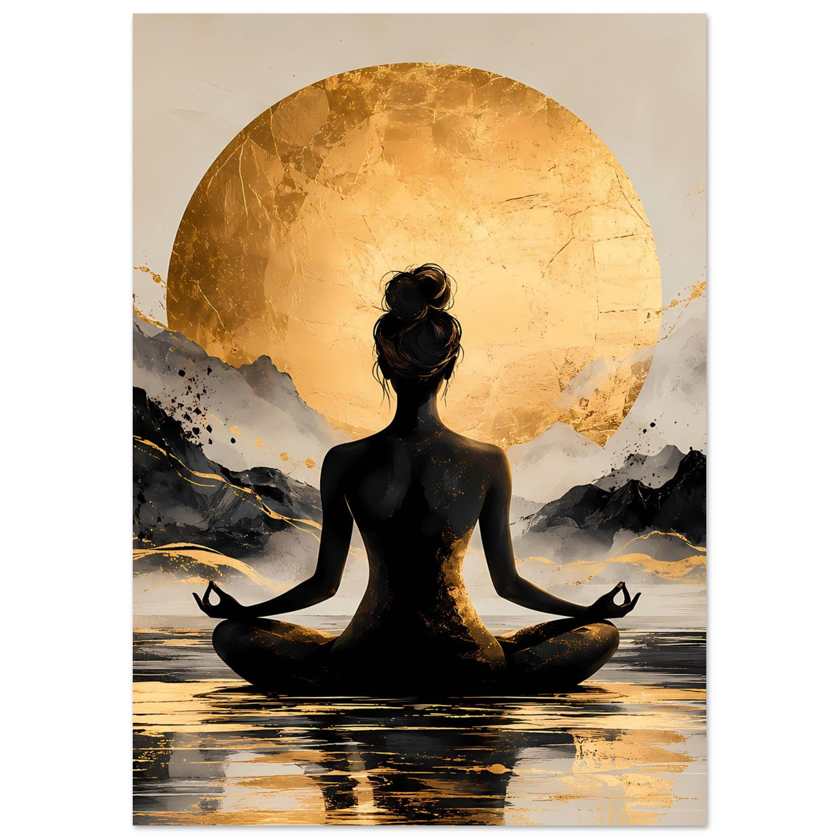 Poster mit Meditationssilhouette vor großer goldener Sonne und dunklen Bergen