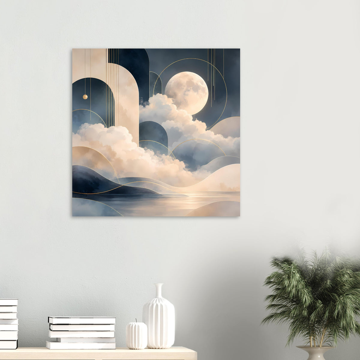 Kleines Wandposter mit Mondlandschaft: runde Bögen, Wolken, dunkle Hügel und goldfarbene Linien