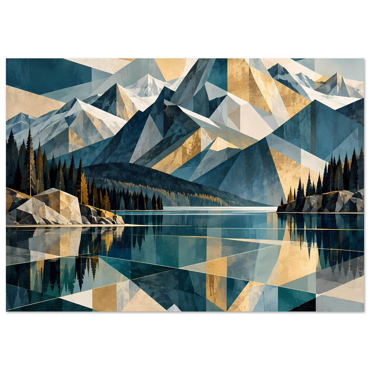 Wandposter Panorama mit geometrischer Berglandschaft, türkisem See und Nadelwald