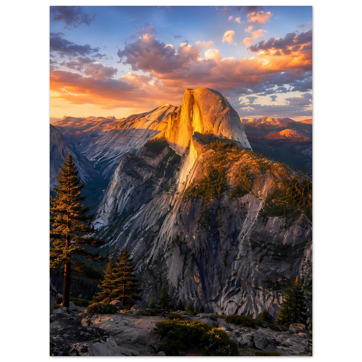 Vertikales Poster mit Berglandschaft, Sonnenuntergangswolken über Felsklippen