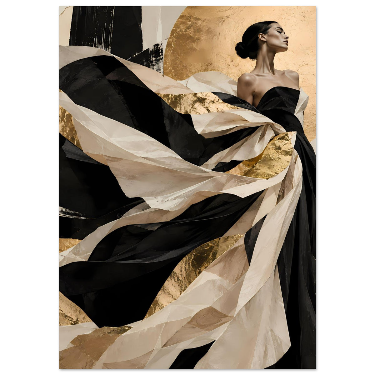Wandposter im Hochformat mit Frau im schwarzen Kleid, goldene Kreise und Beige