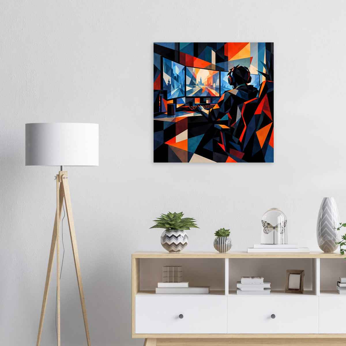 Wandposter mit geometrischer Gamer-Szene in Blau, Orange und Schwarz