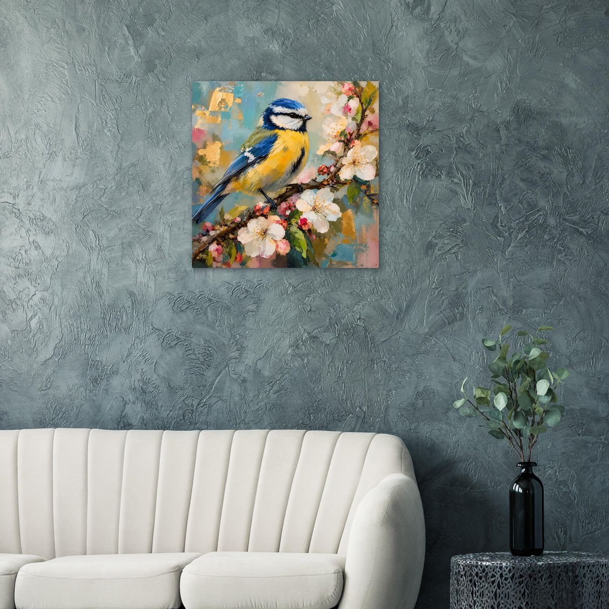 Wandposter mit blau-gelbem Vogel auf blühendem Zweig, quadratisch