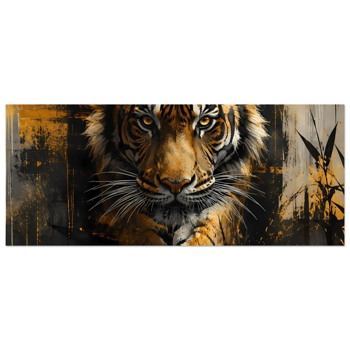 Tiger-Poster im Querformat, angeschnittenes Gesicht, goldbraunes Fell, dunkle Spritzeroptik