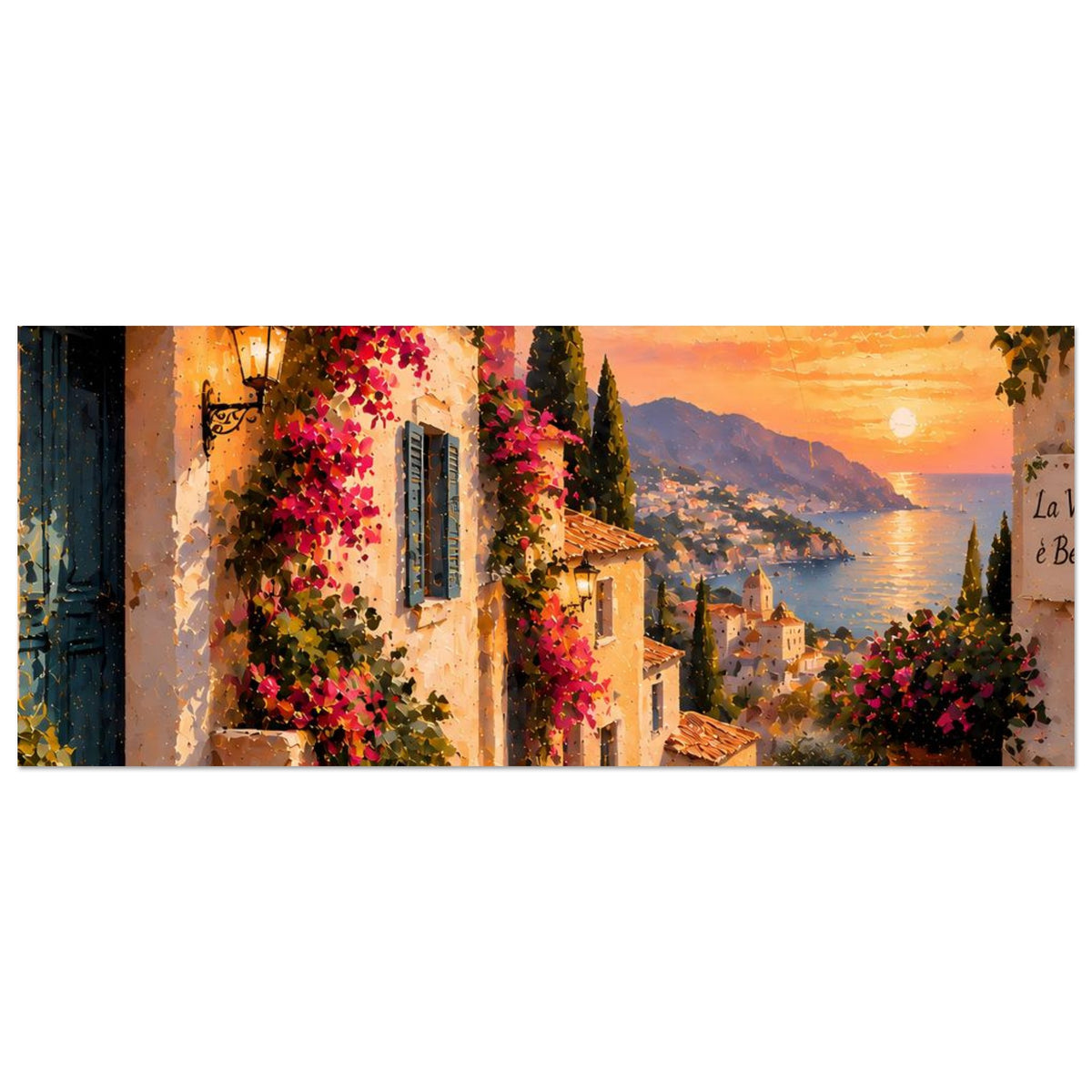 Mediterranes Sonnenuntergangs-Poster, Panorama mit blühenden Fassaden und Bucht, matt