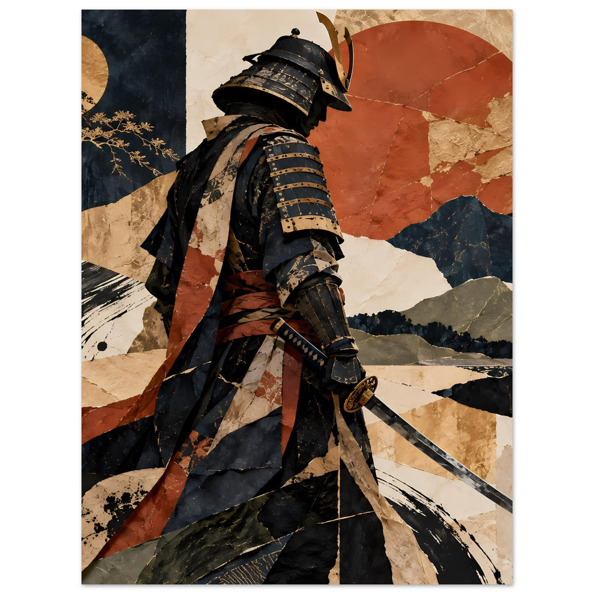 Poster im Hochformat mit Samurai im Profil und Schwert, Patchwork-Collage in Erdtönen