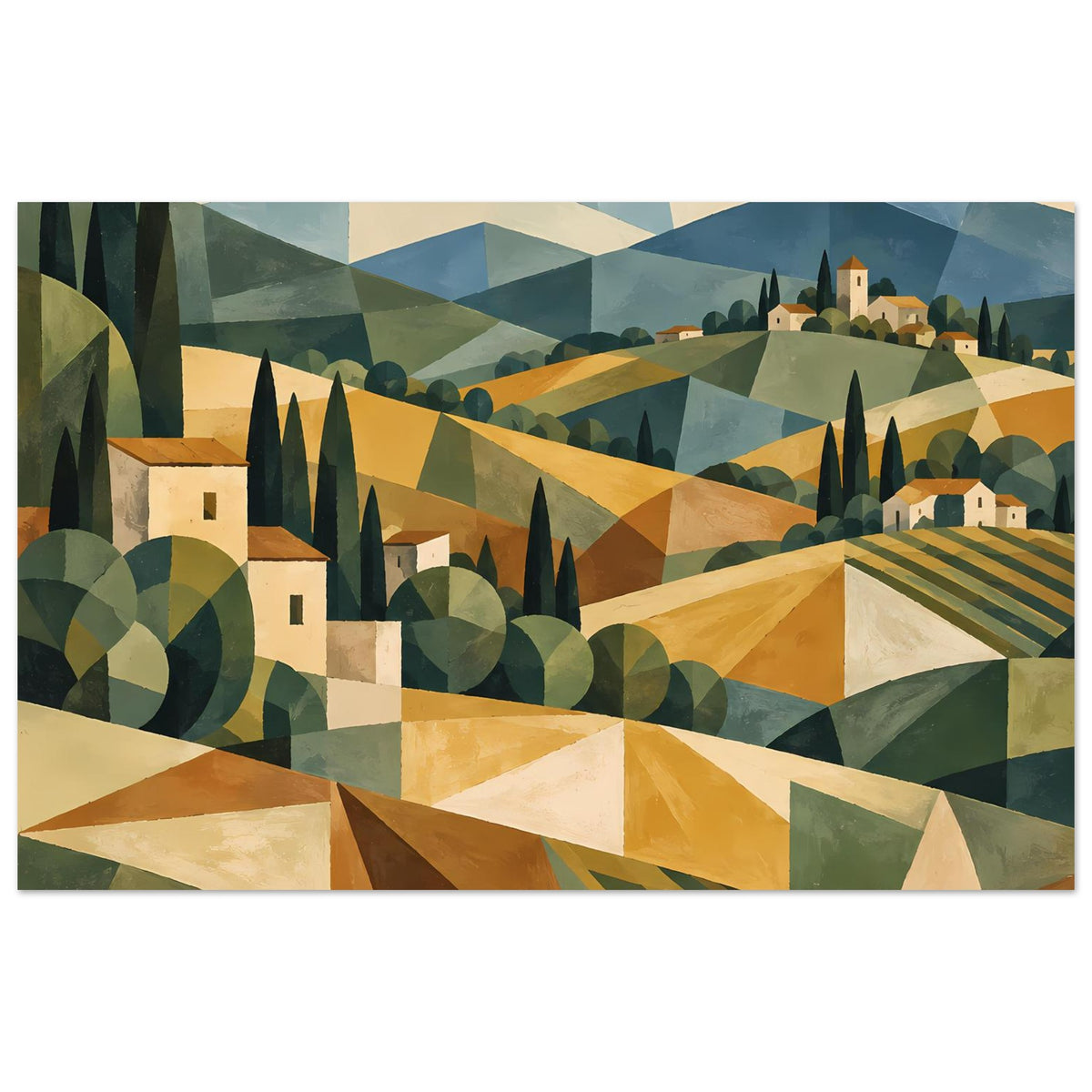 Poster mit geometrischer Toscana-Landschaft in warmen Erdtönen: Häuser, Zypressen, Hügel