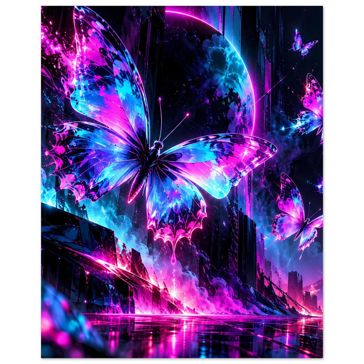 Neon-Schmetterlingsposter mit zentralem Flügelmotiv und kleinen blau-pinken Schmetterlingen
