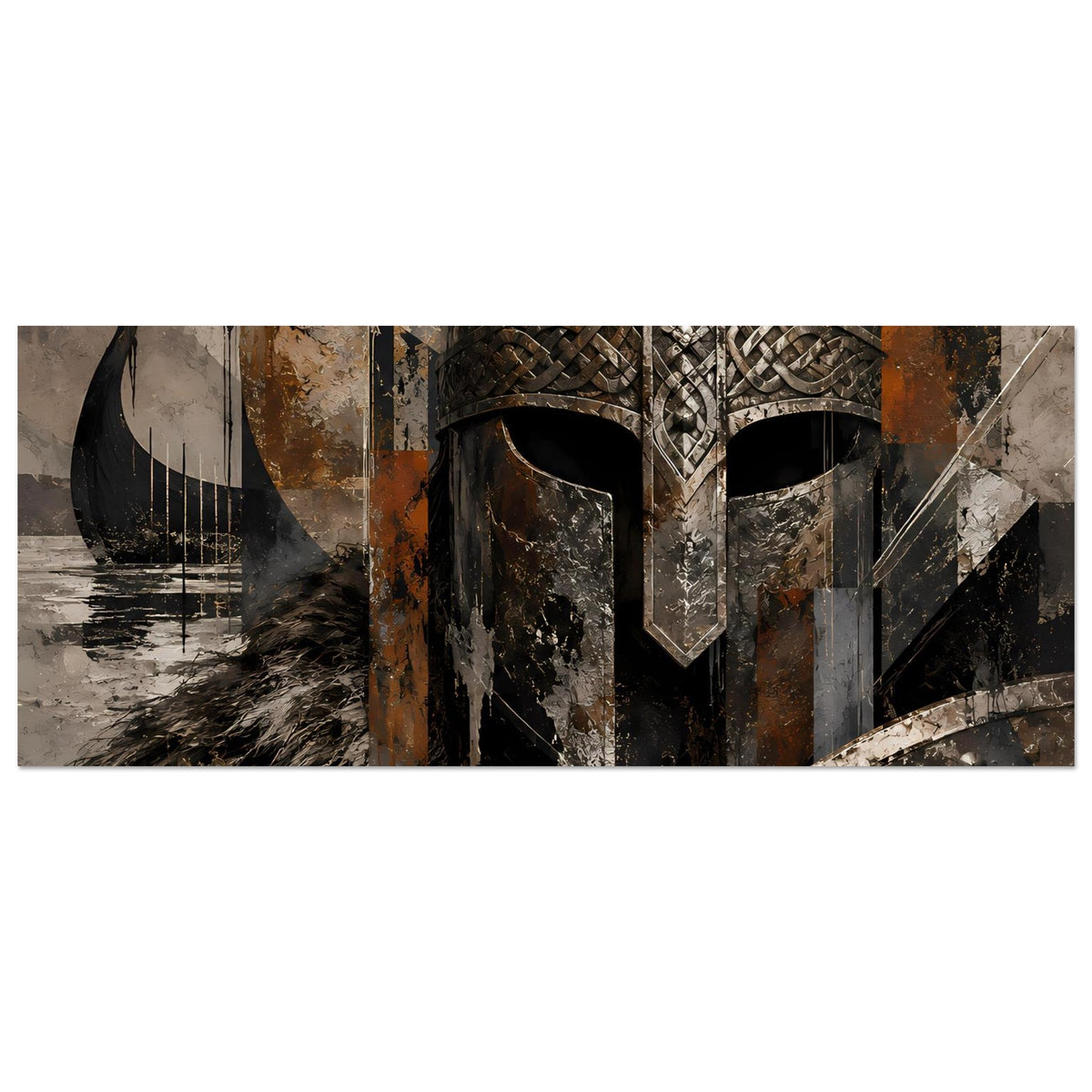 Horizontales Kunstposter mit Wikingerkrieger-Helm, Flechtornamenten und schmalem Schildausschnitt