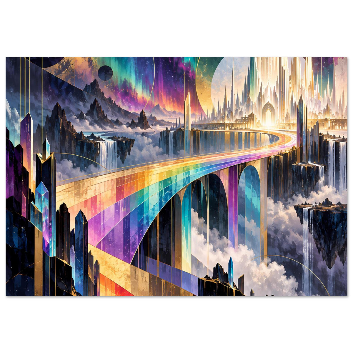 Poster mit Regenbogenbrücke über Gewässer, leuchtende Lichter und mystische Gebäude
