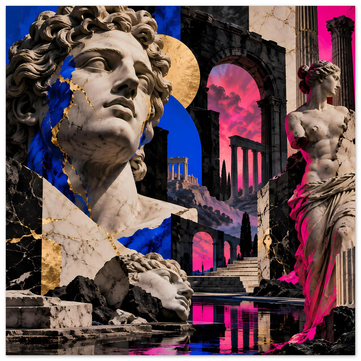 Kunstposter mit klassischer Statue und Architekturcollage, blau-pinke Akzente, Hochformat