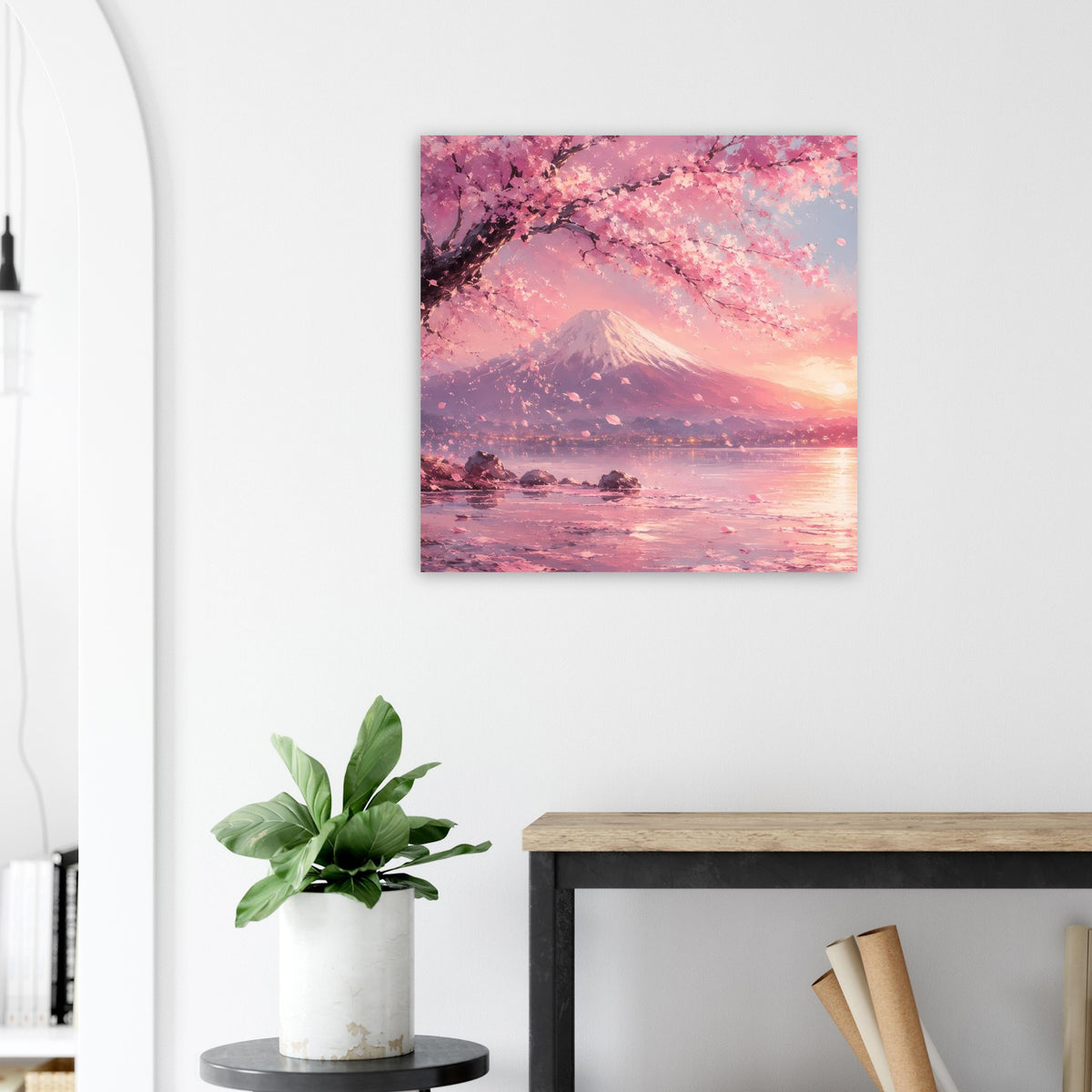 Quadratisches Wandposter: Kirschblütenzweig, Fuji-Berg und rosafarbener See im Abendlicht