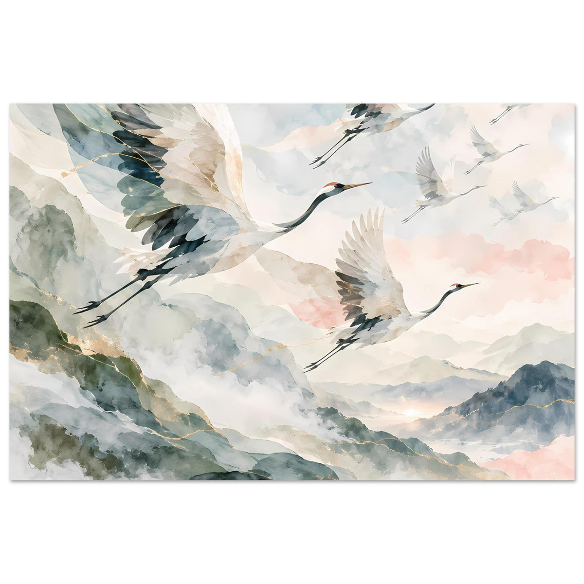 Poster mit fliegenden Kranichen im Aquarell, Berge und weiche Pfirsichwolken