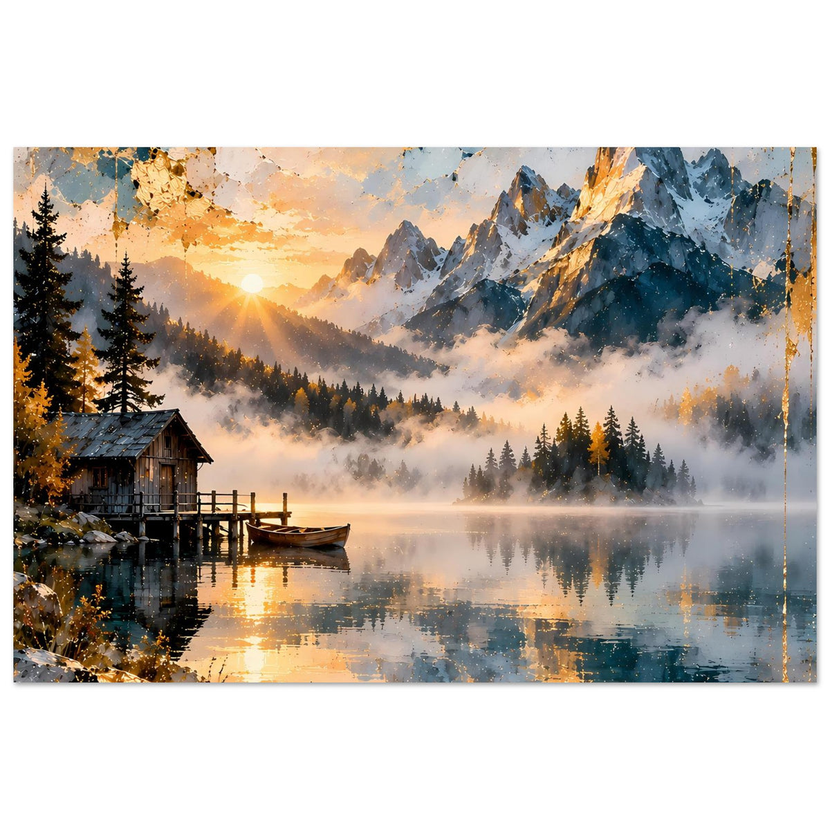 Vertikales Poster mit Bergsee-Landschaft, Holzsteg, Berge im Dunst und Sonnenaufgang