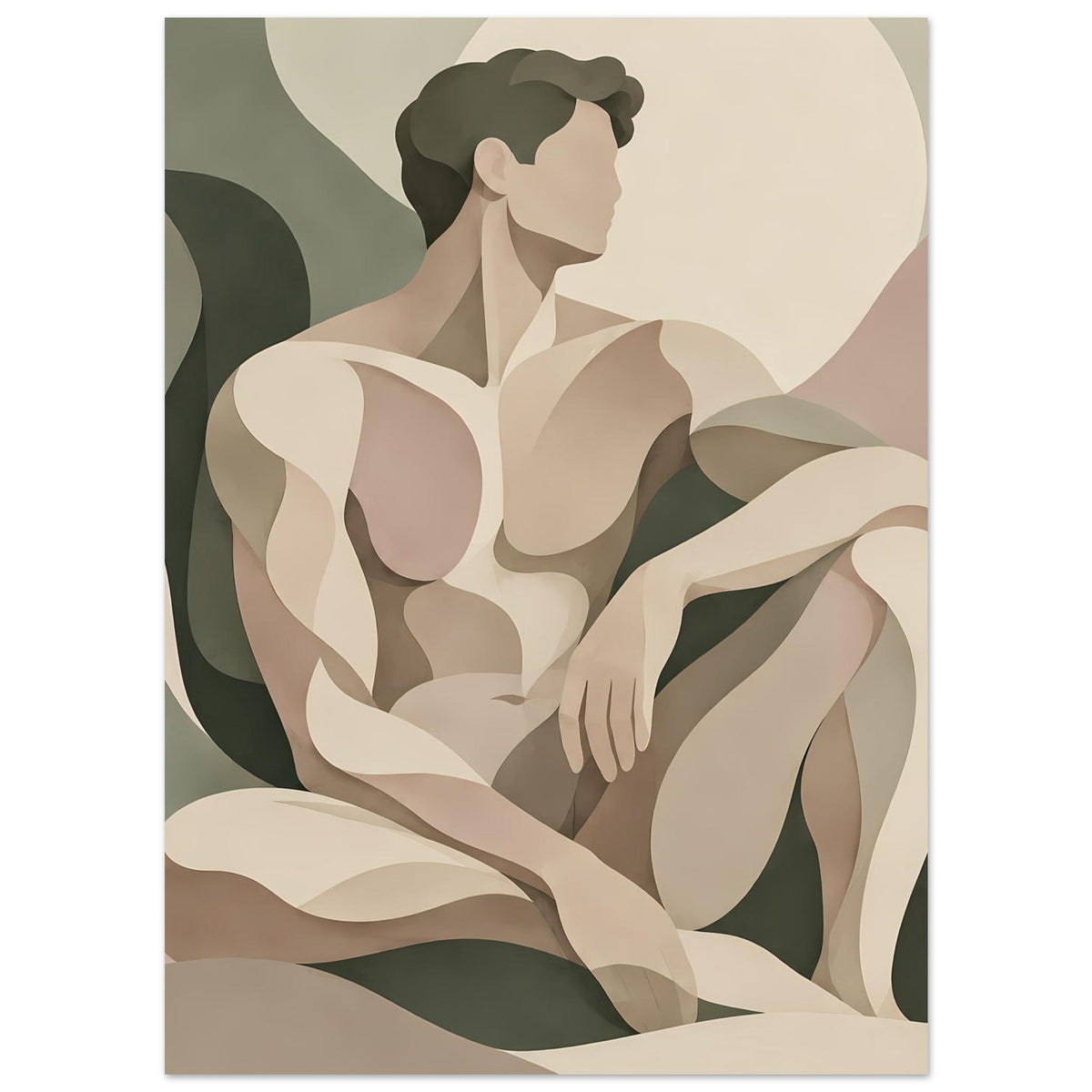 Abstraktes Poster: Aktfigur mit verschränkten Beinen, erdige Beige-, Grün- und Rosatöne