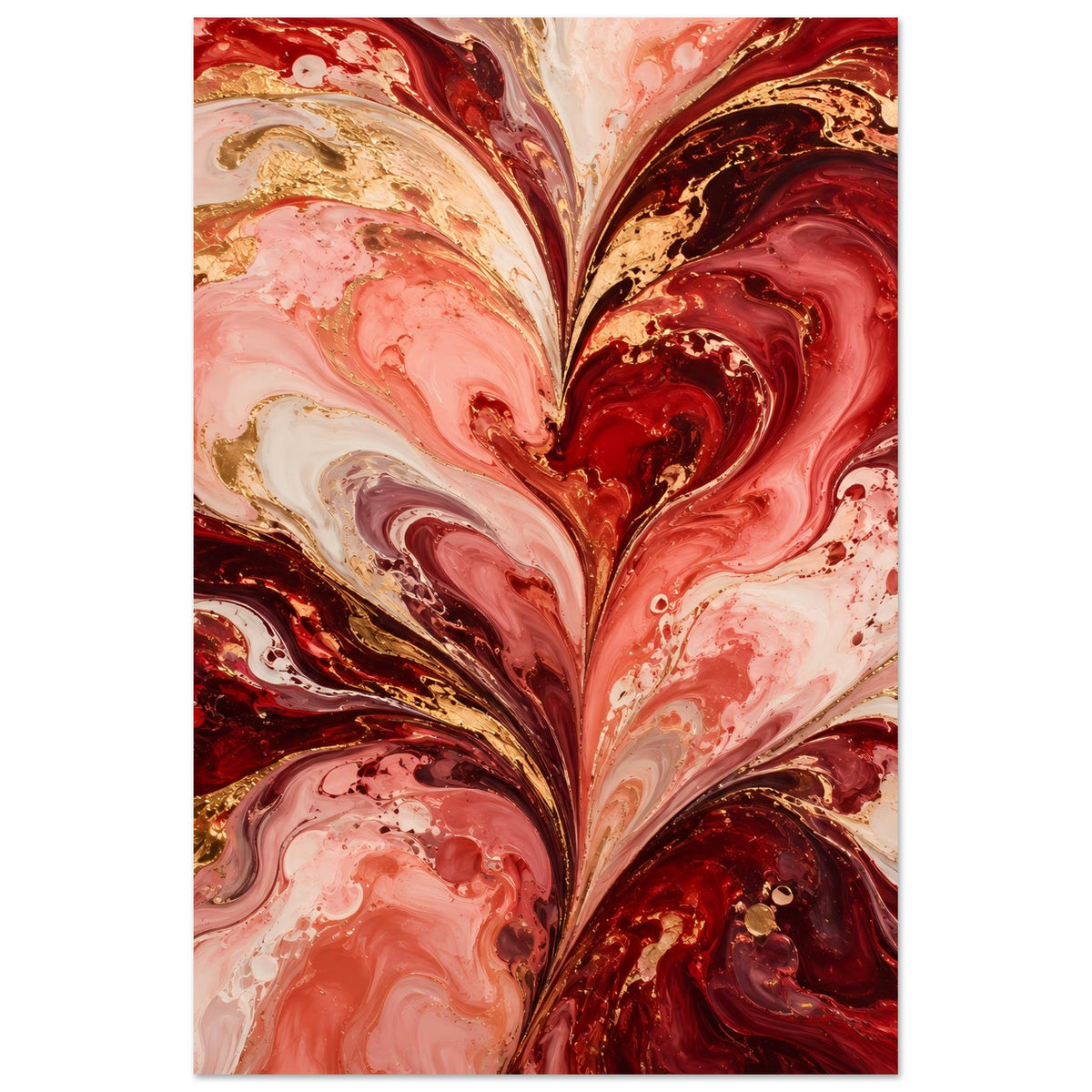 Liebesposter im Hochformat mit abstraktem Herz, rot-rosa Farbmarmor und goldenen Partikeln