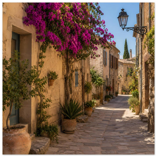 Wandposter mit mediterraner Gasse, lila Blüten über Pflanzkübeln und Steinmauerwänden