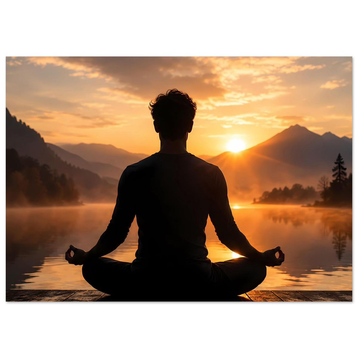 Poster mit meditierender Silhouette im Sonnenuntergang über See und Berglandschaft
