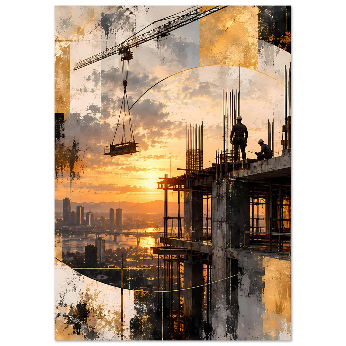 Abstraktes Baukunst-Poster mit warmem Sonnenuntergang, Baugerüst und Figuren