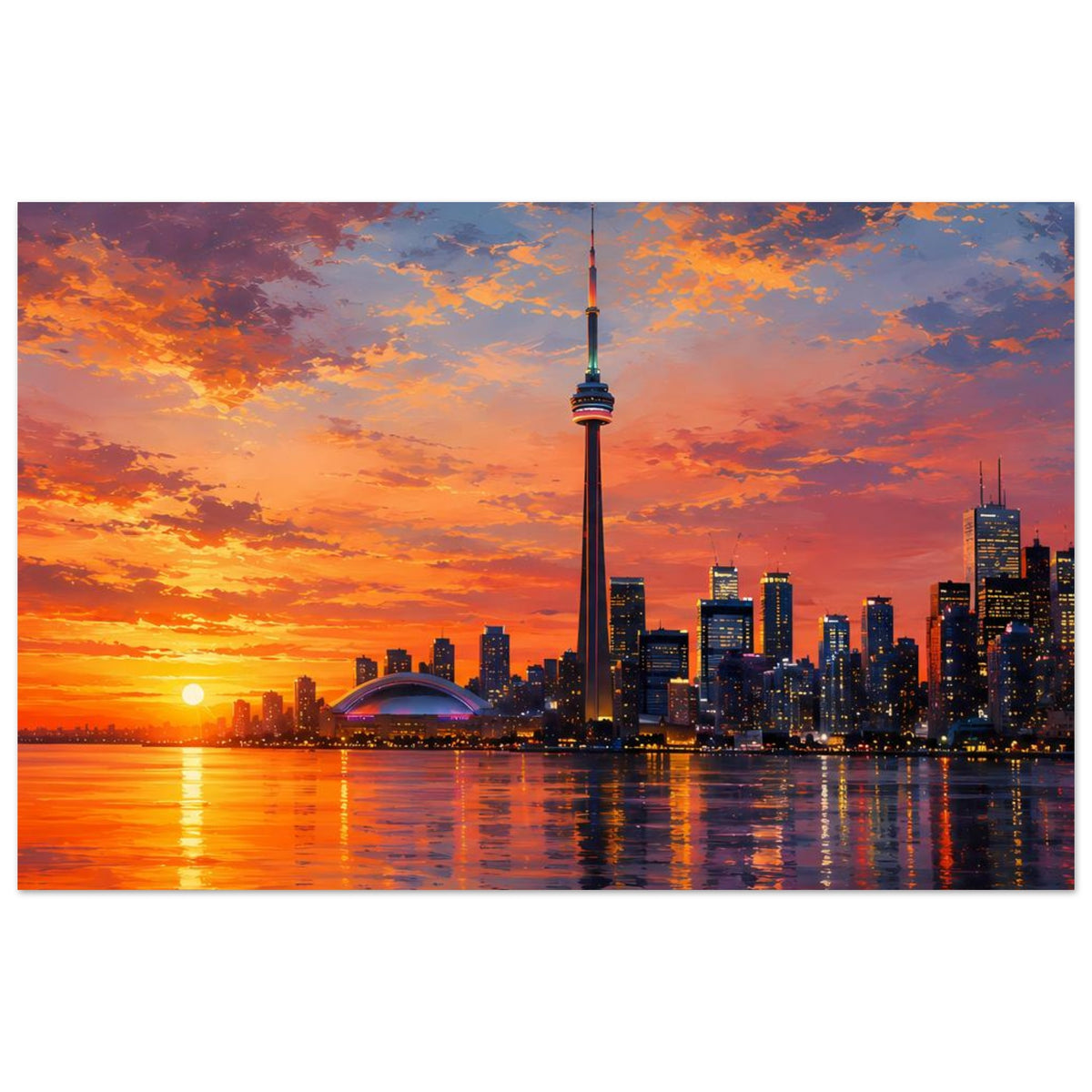 Horizontales Poster: Stadtpanorama bei Sonnenuntergang, Fernsehturm und Spiegelbild