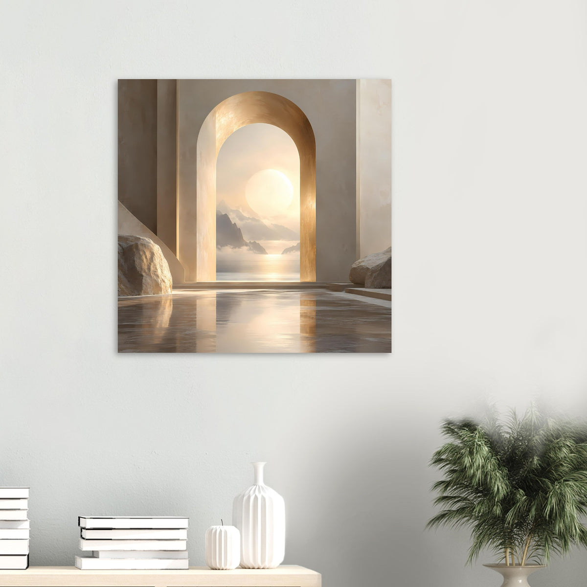 Kunstdruck, kleines Motiv: goldener Torbogen mit Sonnenkreis über Wasserlandschaft.