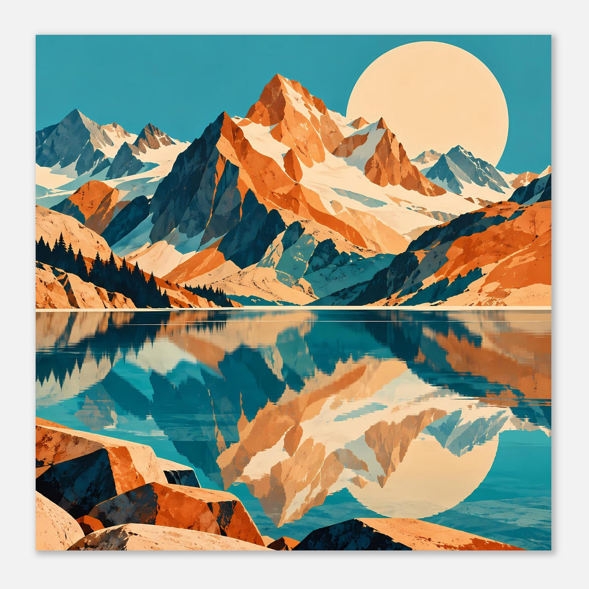 Naturposter mit Berggipfeln, See-Spiegelung und großer Sonnenscheibe, Blau und Orange