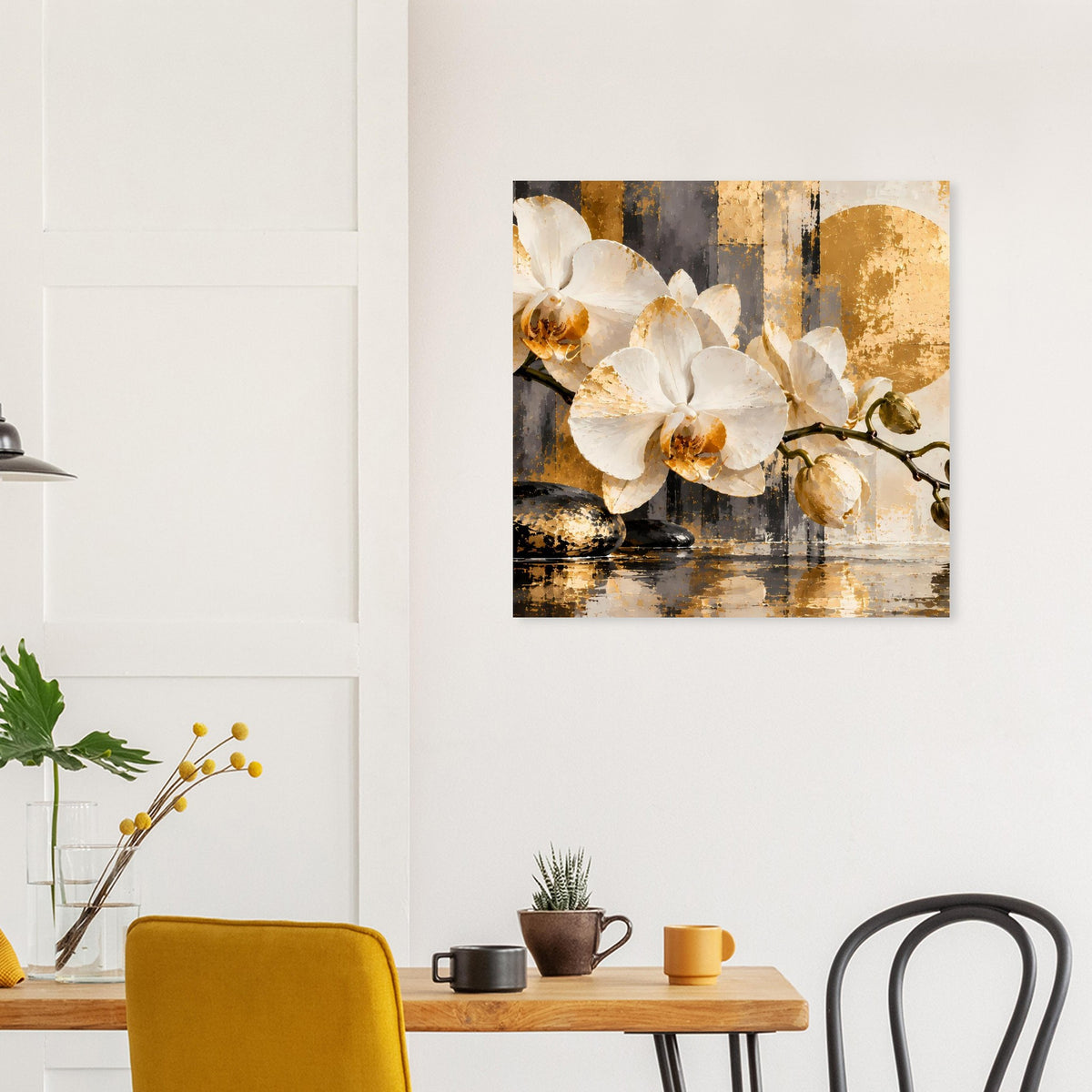 Orchideen-Poster mit weißen Blüten und gold-braunen Farbfeldern, horizontal