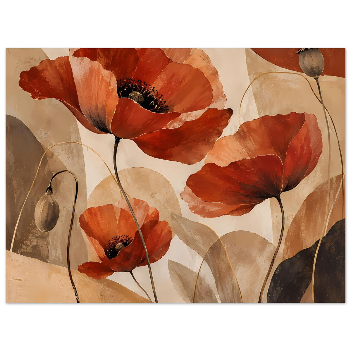 Wandposter mit roten Mohnblüten und dunklen Staubkörnern, beige und rostrote Töne