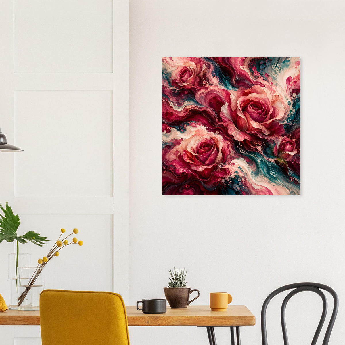 Quadratisches Rosenkunst-Poster mit roten Blüten, türkisfarbenen Bahnen und weichen Übergängen.