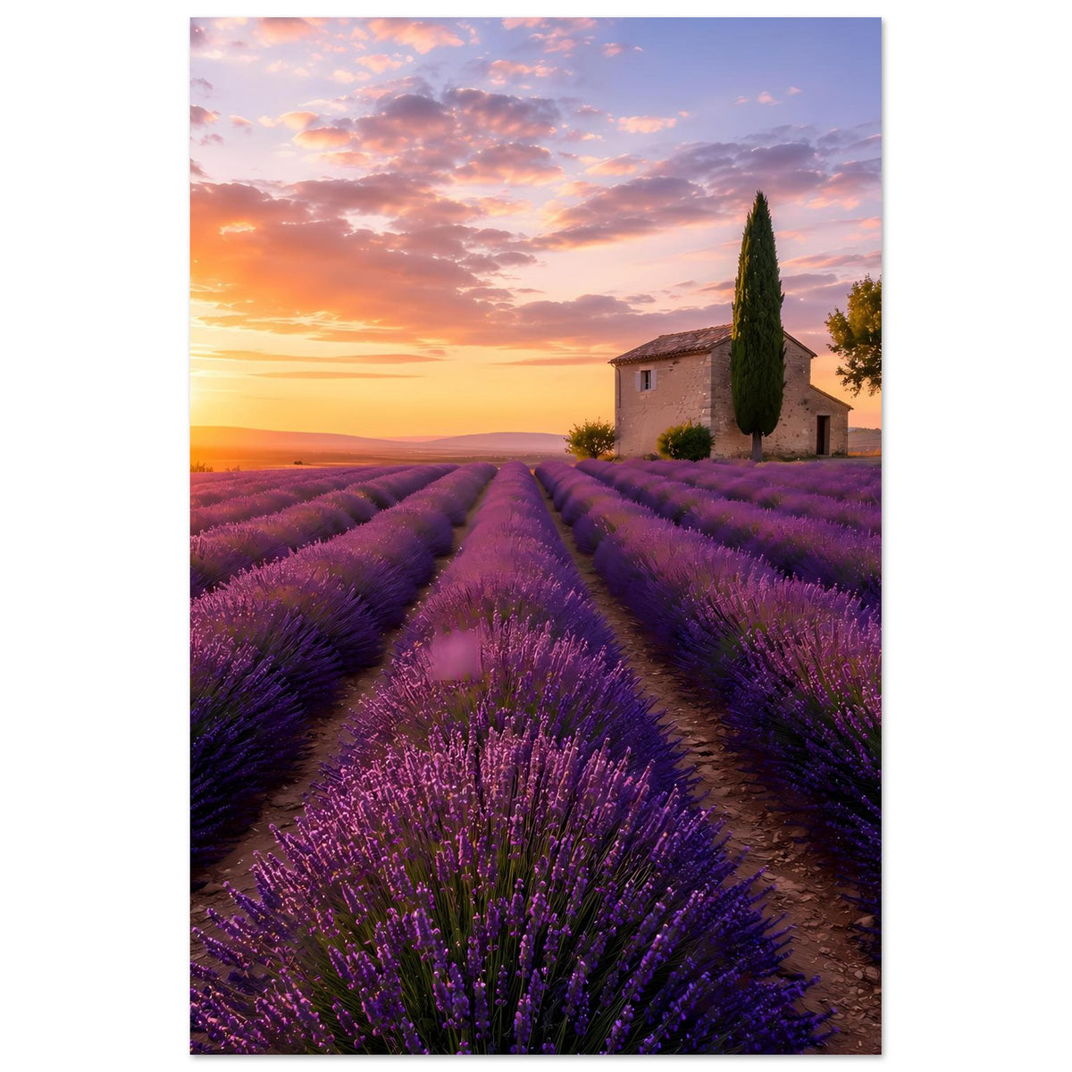 Vertikales Lavendel-Landschaftsposter: Lavendelreihen, Landhaus und Zypressenbaum