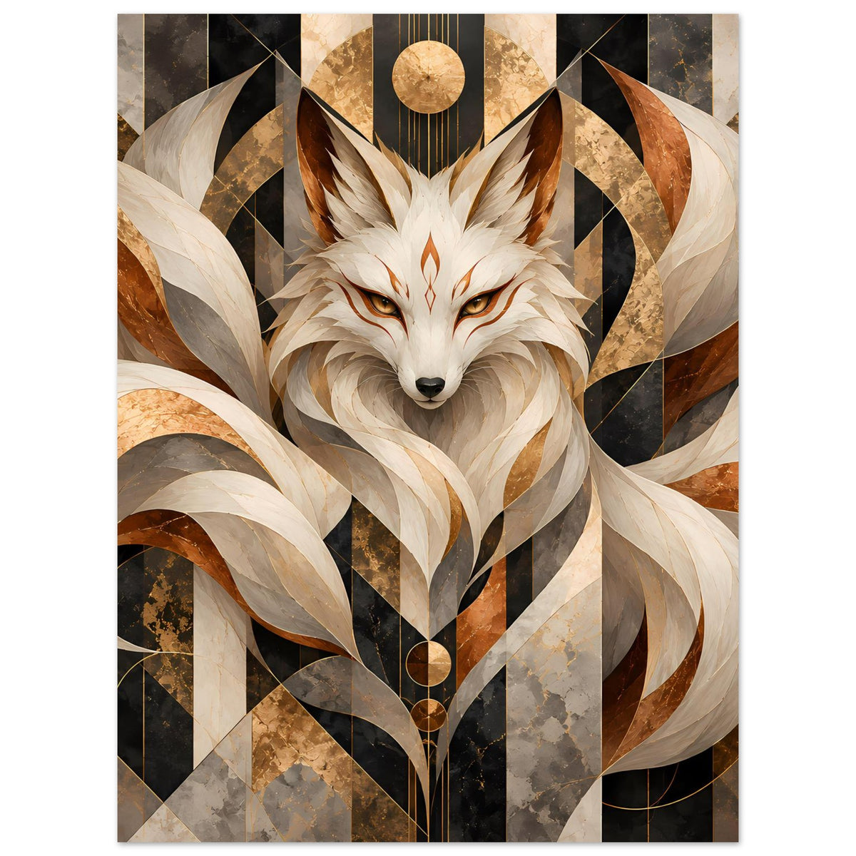 Poster mit ruhigem Fuchsgesicht, beigen und braunen Wirbel-Formen, goldener Kreis-Deko