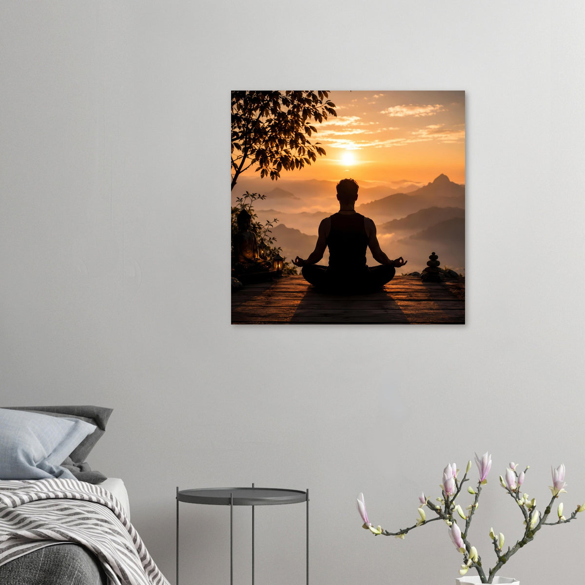Gerahmtes Meditationsposter mit Lotus-Silhouette bei Sonnenuntergang im Querformat