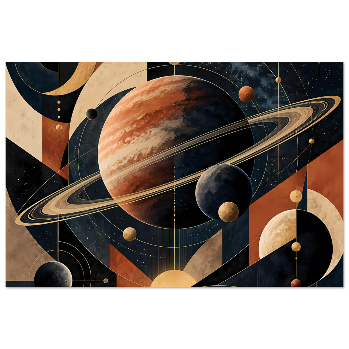 Horizontales Weltraum-Poster: orangefarbener Planet, dunkle Planeten und goldene Saturnringe