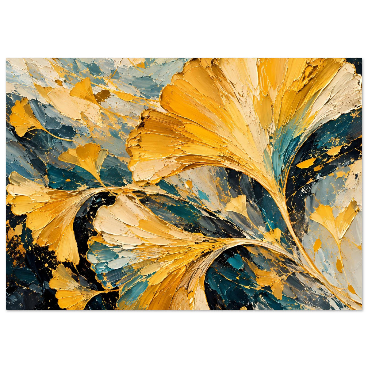 Abstraktes Gingko-Blatt Poster mit goldenen Pinselstrichen und tealblauen Akzenten, horizontal