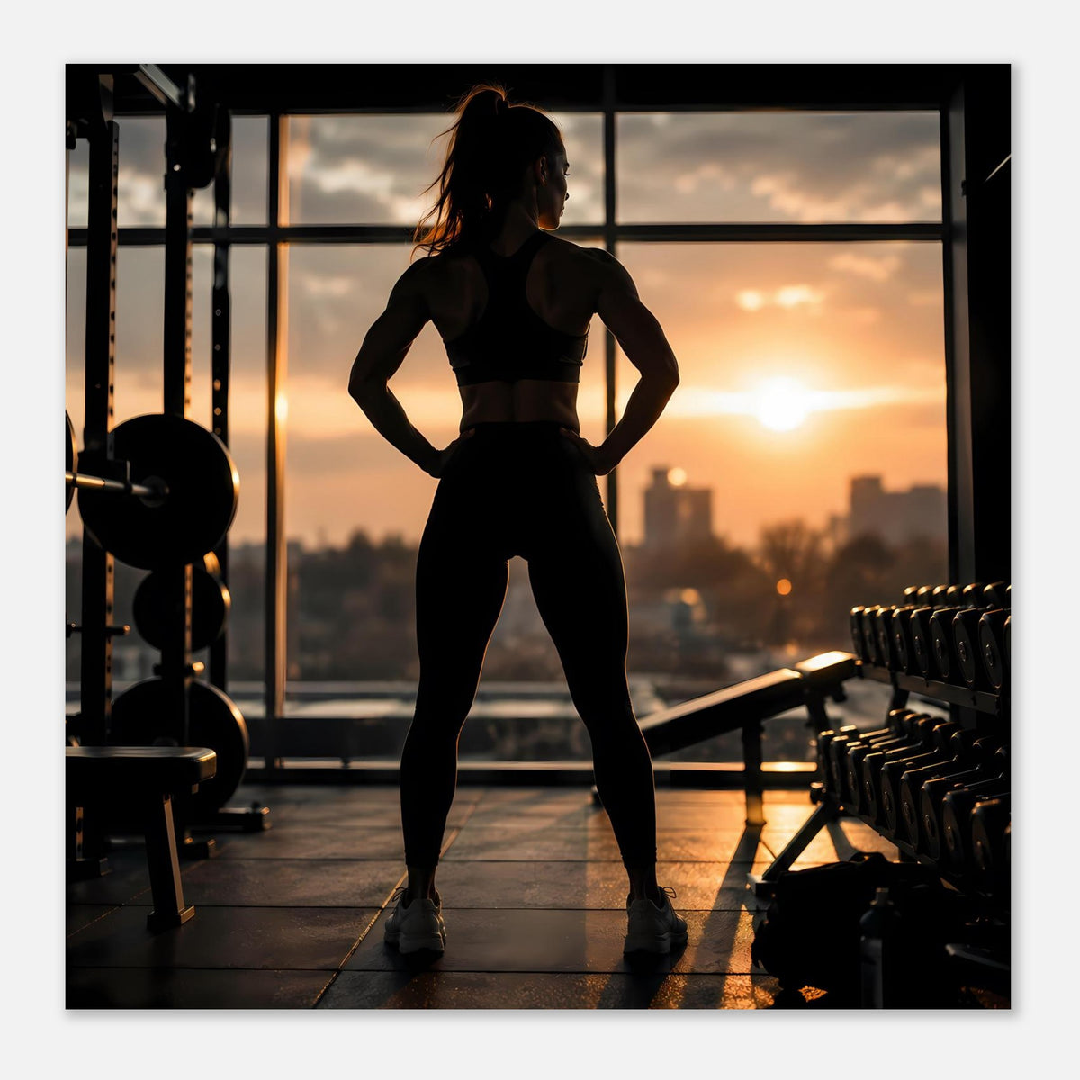 Fitness-Poster mit schwarzem Rahmen: Frauensilhouette in Fitnesshaltung an Trainingsgeräten