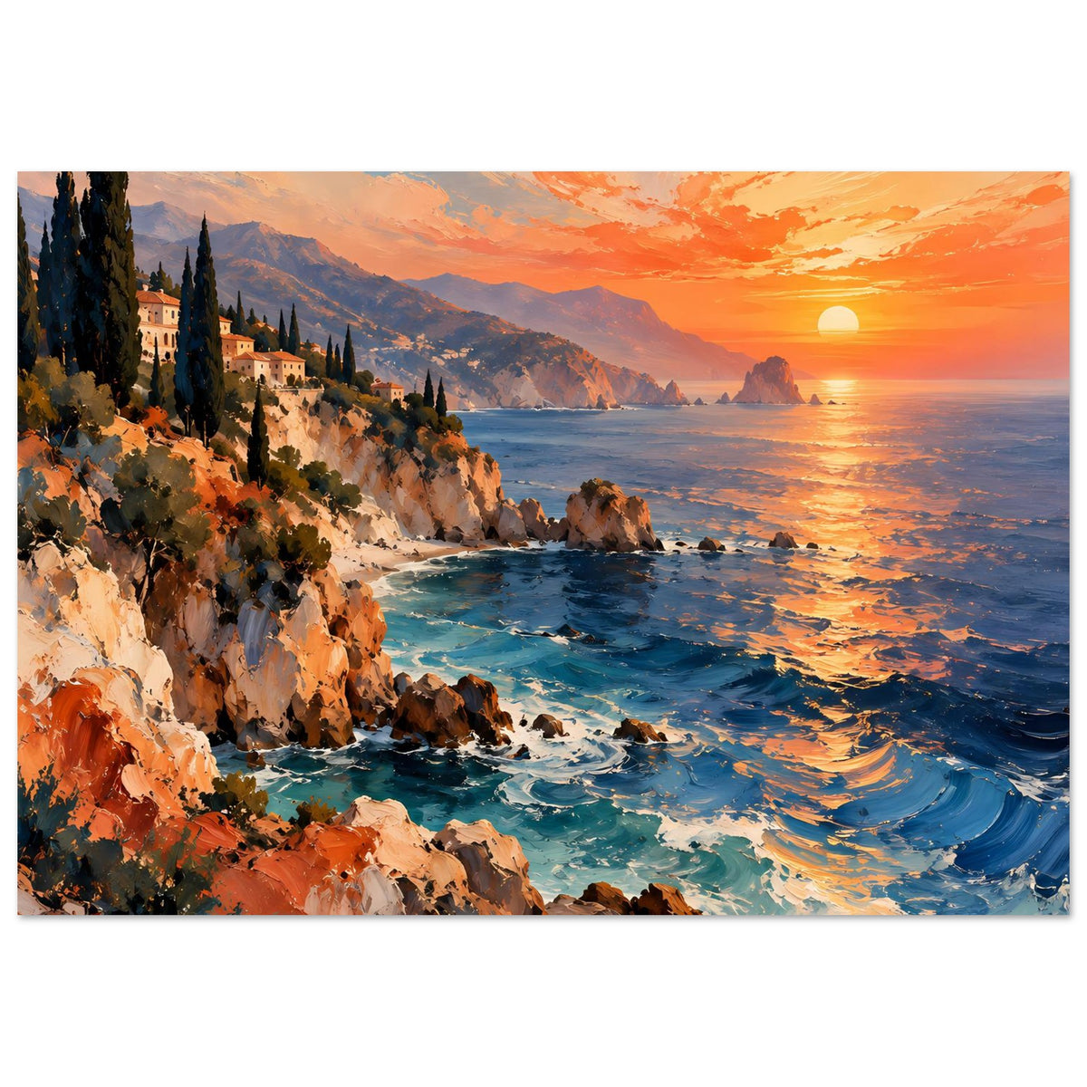 Landschafts-Poster mit Meerblick, Sonnenuntergang über dem Wasser, Felsen am Ufer und Wellen