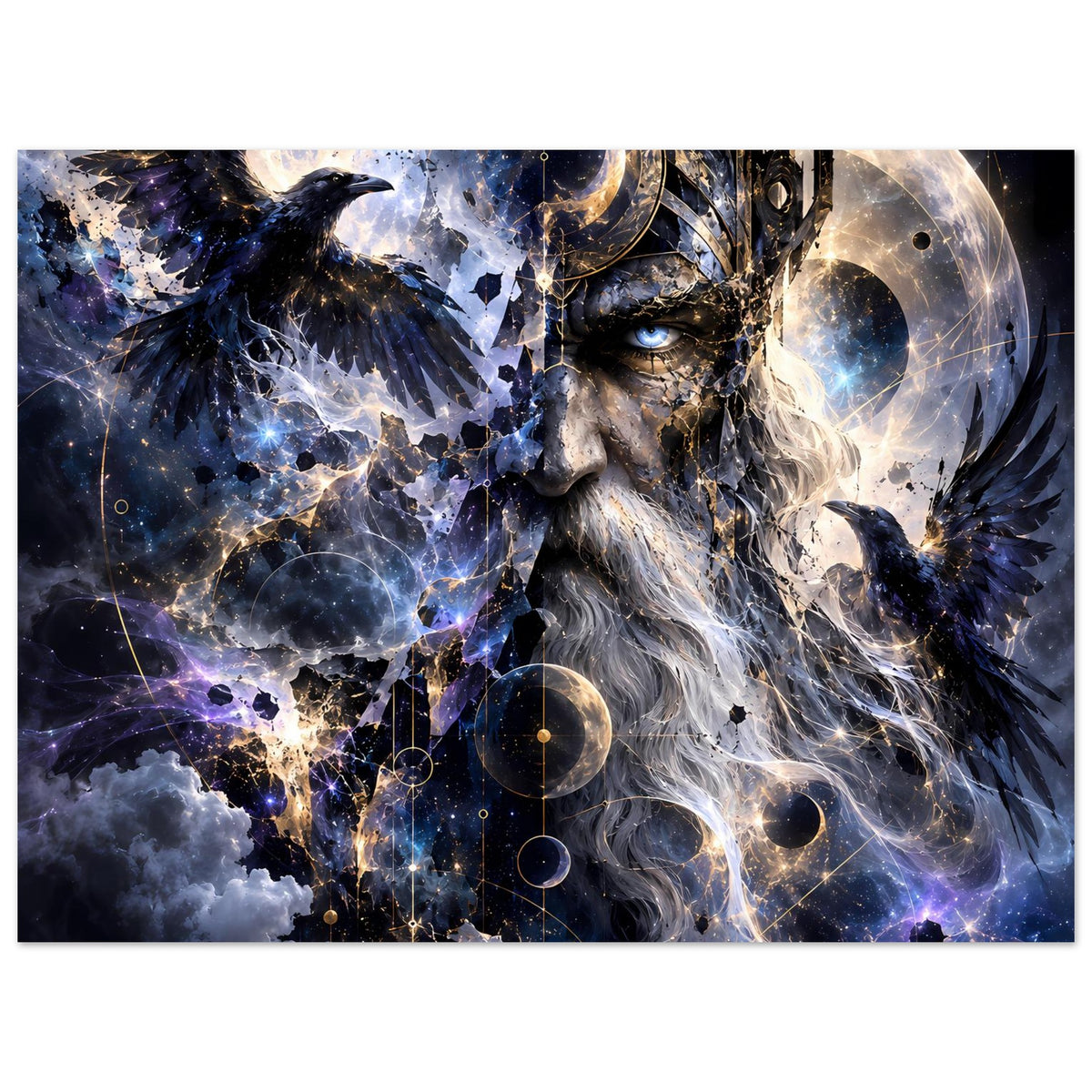 Fantasy-Poster mit König und Rabe, Sternenwirbel sowie goldenen Kreisen
