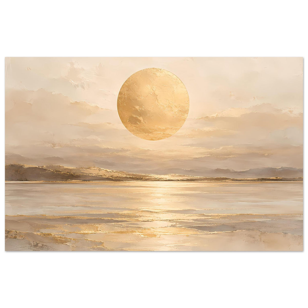 Breitformatiges Kunstposter mit beigem Landschaftsmotiv, goldener Kreisform und sanftem Himmel