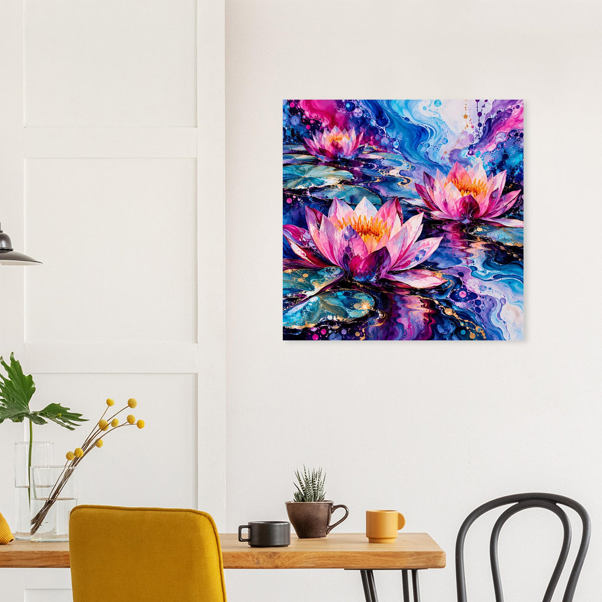 Quadratisches Blumenposter mit Seerosen und Farbschwüngen in Pink, Blau und Violett
