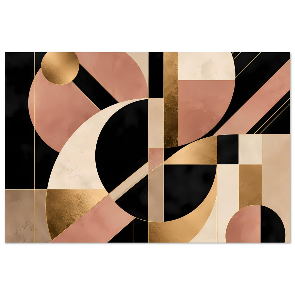 Art-Deco-Poster mit geschwungenen Linien, Kreisen und goldenen Flächen in Schwarz, Blush und Beige.