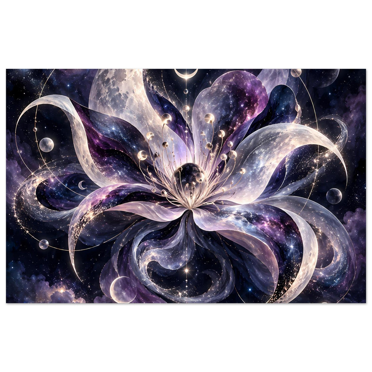Kosmische Blüte mit Monden, Planeten und Sternen in violett-blauem Weltraum – Motivansicht 21