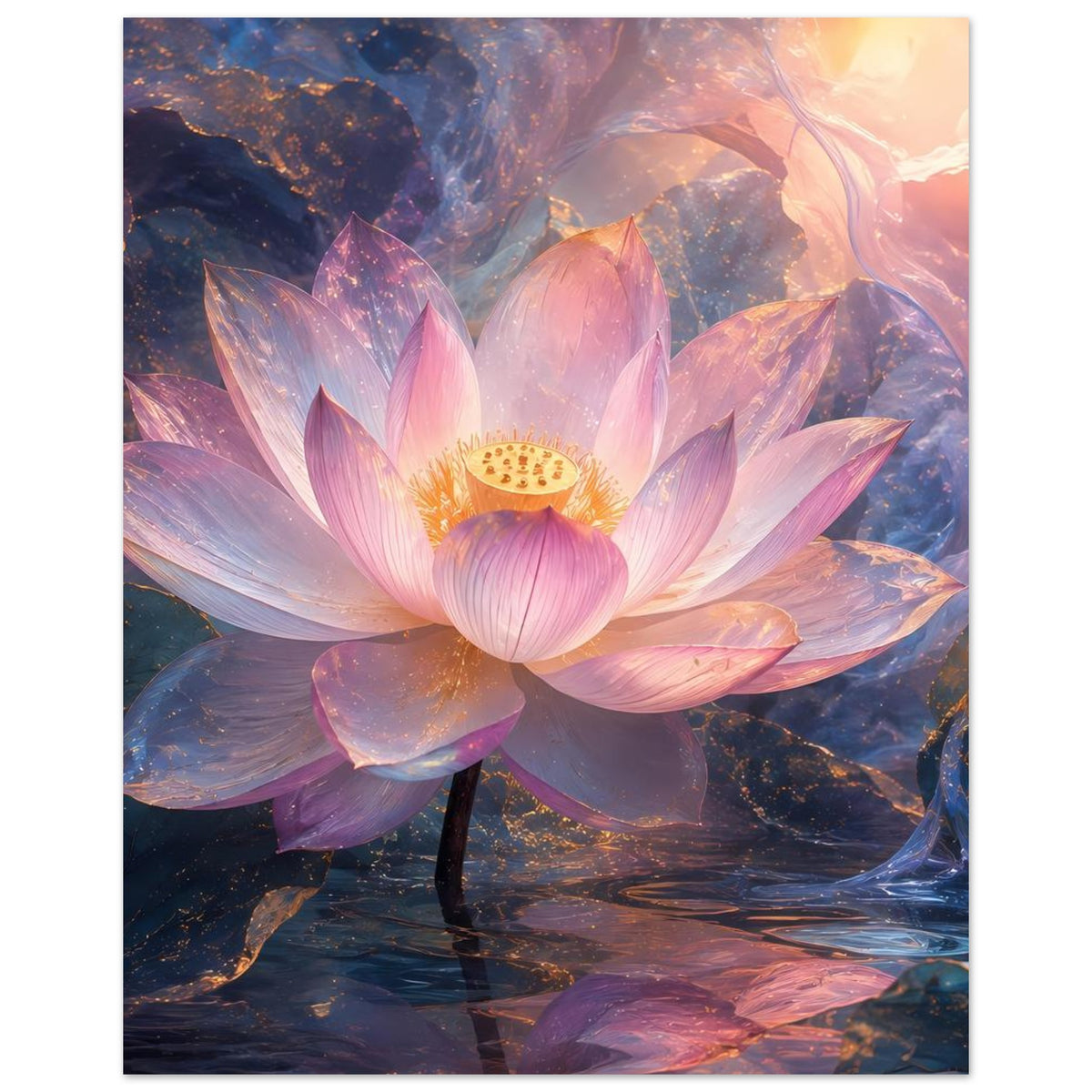 Vertikales Kunstposter mit Lotusblüte in Pastellrosa, Blau und goldener Mitte