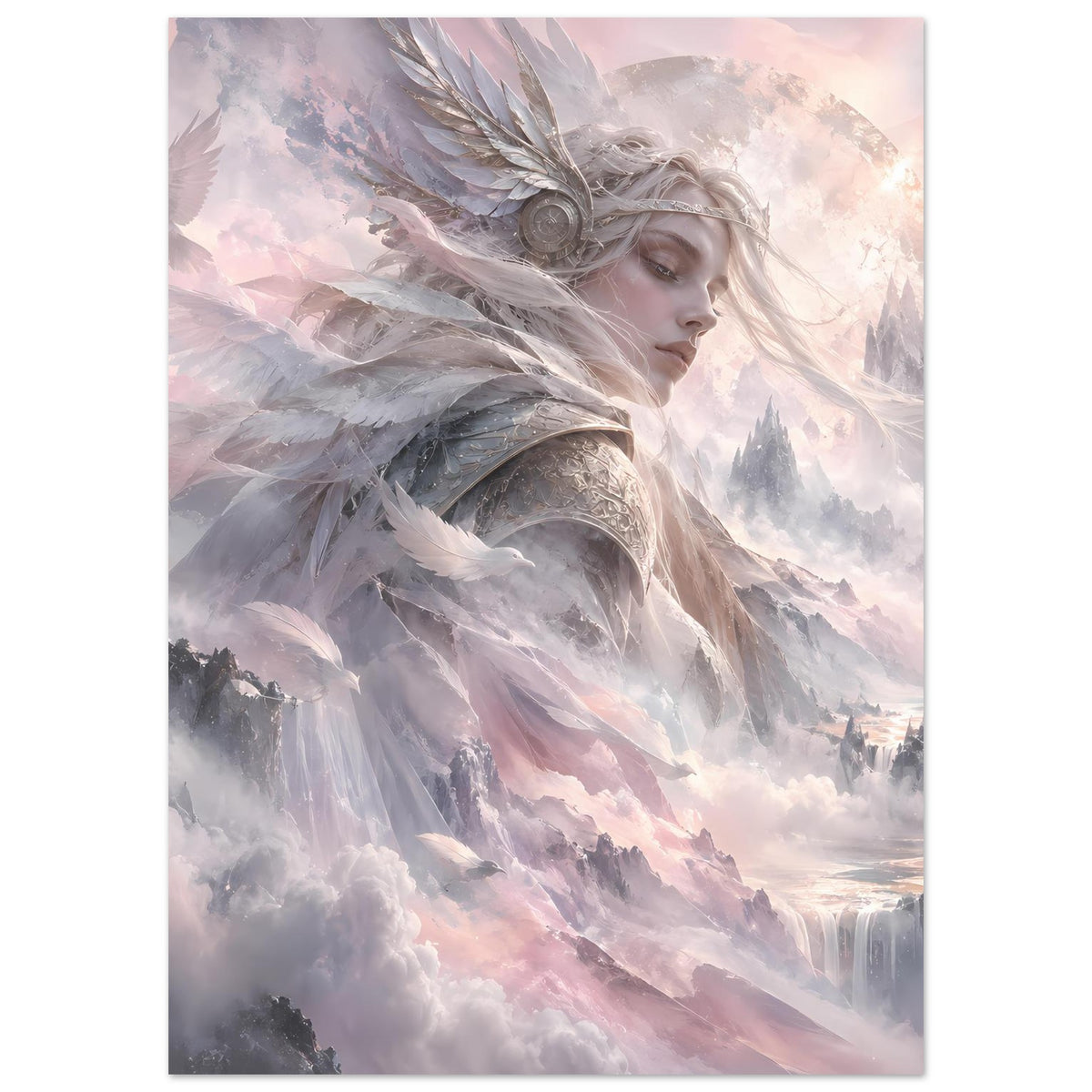 Senkrechtes Fantasy-Poster: geflügelte Kriegerin mit Federhelm, Flügeln und trübem Himmel