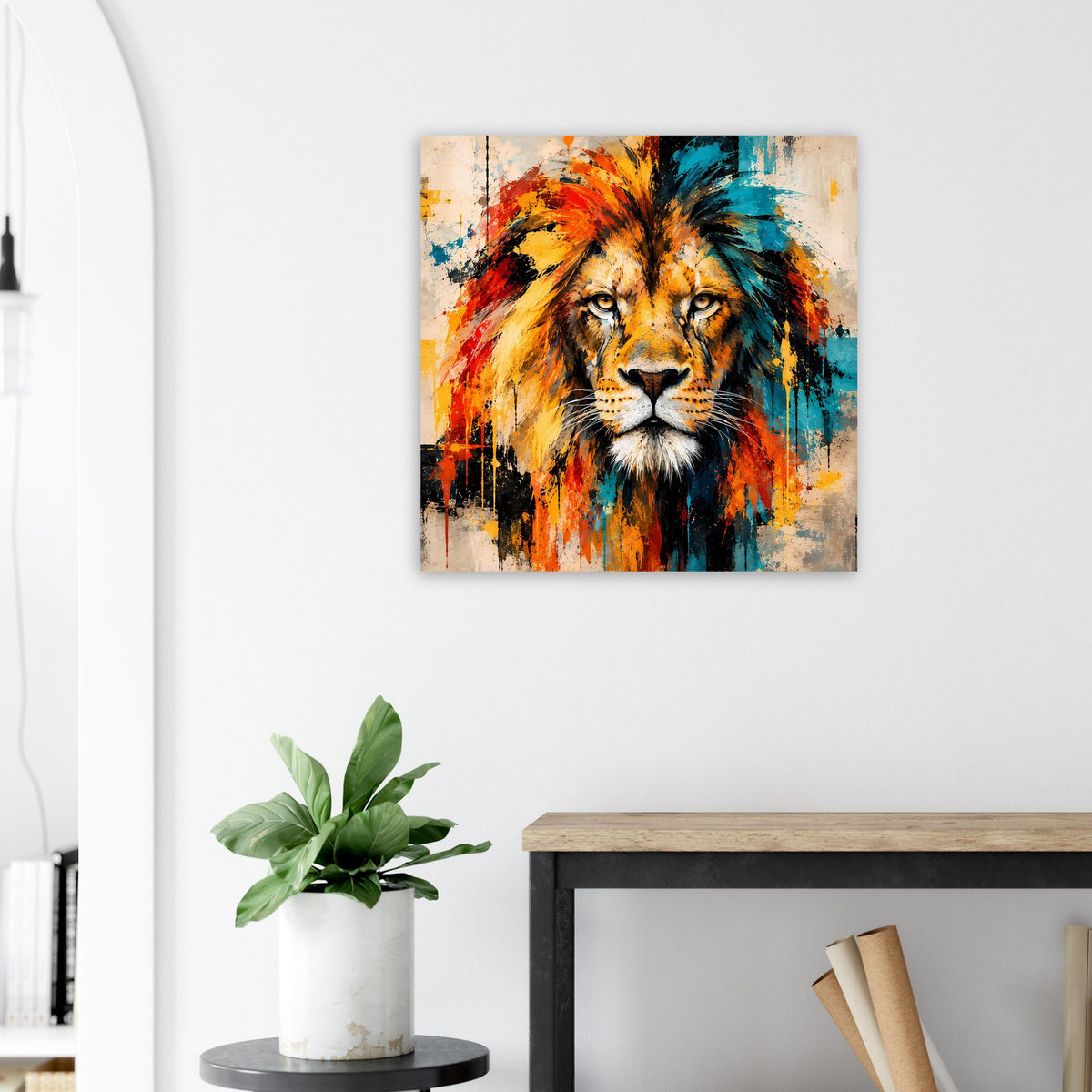 Löwenposter mit farbigem Löwenporträt, quadratisch gerahmt.