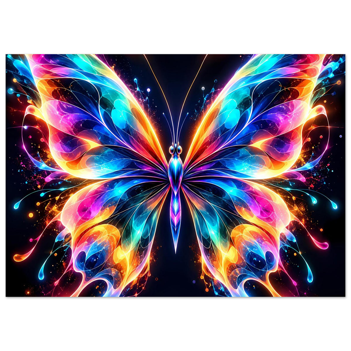 Neon-Schmetterlingsposter im Querformat mit leuchtendem Schmetterling und farbigen Konturen.