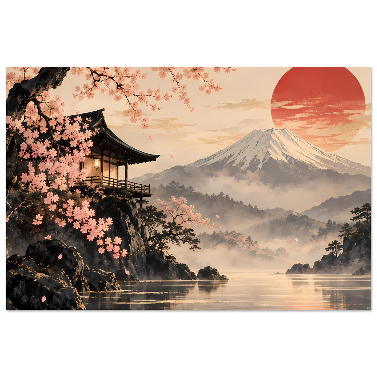 Wandposter im Querformat mit Kirschblüten, Berg Mount Fuji, roter Sonne und Wasserlandschaft