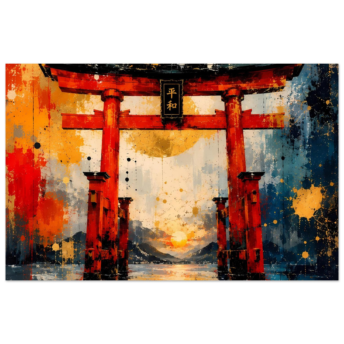 Torii-Gate Poster: abstraktes Motiv in Rot, Gold und Blau, mit japanischem Schriftfeld