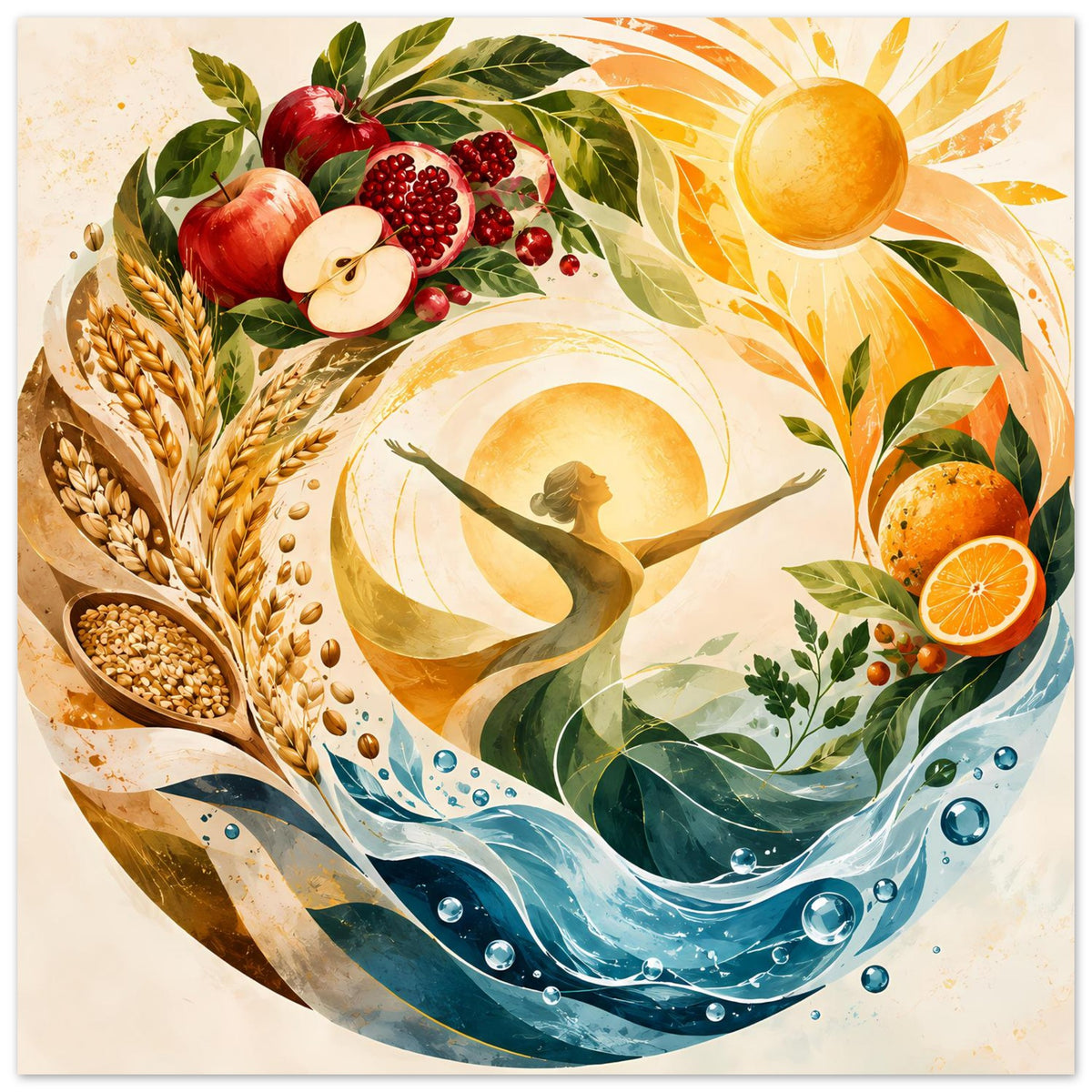 Naturposter im Quer? mit Sonne, Wasserbogen und Ernte-Motiven aus Früchten, Weizen und Blättern