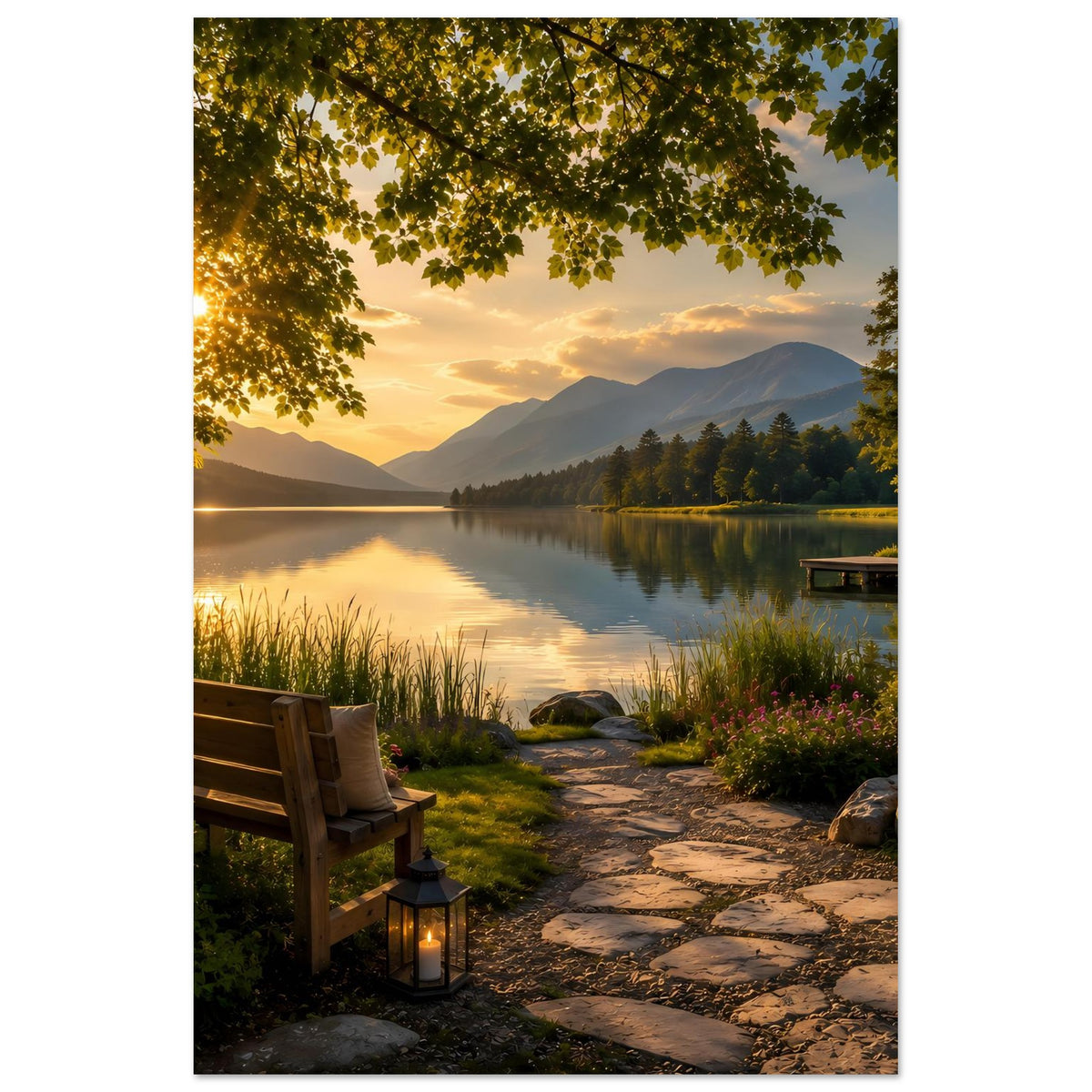 Vertikales Seeposter: Sonnenuntergang über ruhigem See, Uferweg, Bank, Laterne und Steg
