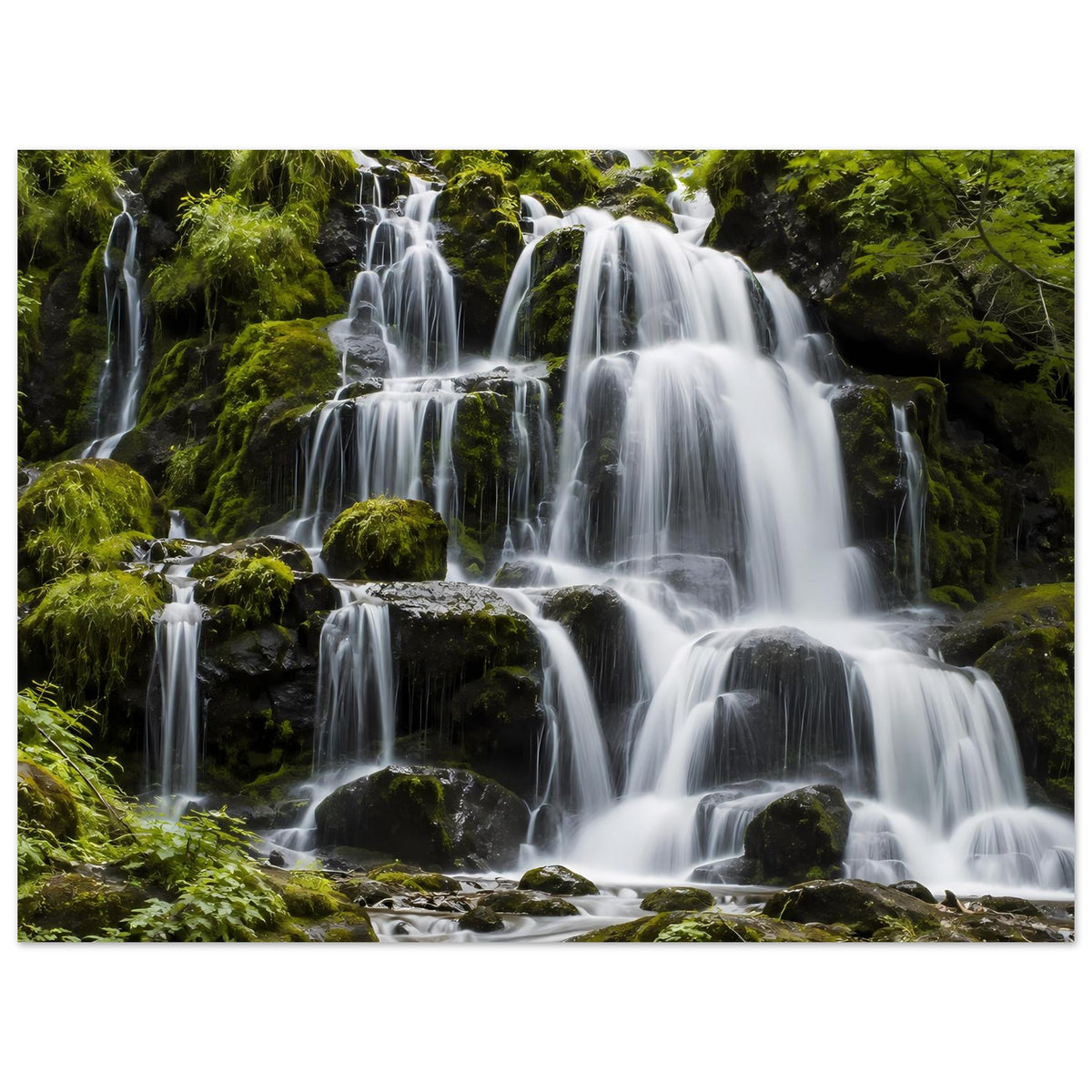 Wasserfall-Poster: große Wasserfälle und moosbewachsene Steine im satten Grün